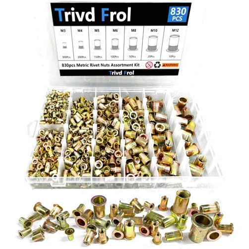 Trivd Frol Rivet Nut Tool Kit, 830pcs SAE/Metric Rivet Nut Assortment Kit M3, M4, M5, M6, M8, M10, M12, w Galvanized Carbon Steel Flat Head Threaded Insert Nuts (Metric - 830pcs)
