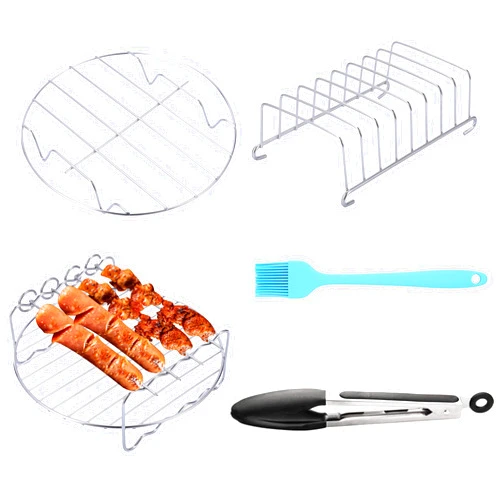 SIK Air Fryer Accessories 5PCS for GoWISE COSORI Philips Ninja Air Fryer, Fit 3.2- 5.8QT Deep Hot Air Fryer with Skewer Rack，Metal Holder, Toast Rack, Oil Brush, Food Tong, Dishwasher Safe BPA Free