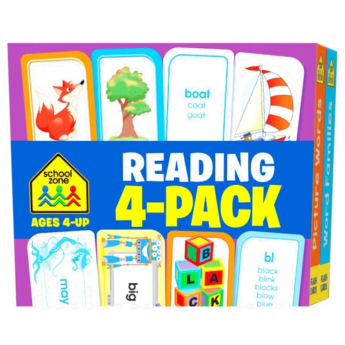 School Zone,Joan Hoffman School Zone - Reading 4-Pack Flash Cards - Ages 4+, Kindergarten, 1st Grade, Sight Words, Phonics Made Easy, Word Families, Picture Words, High-Frequency Words, Beginning Reading, Rhyming, and More