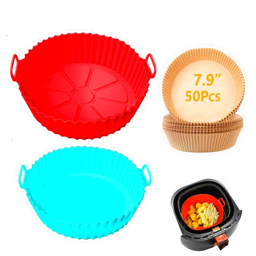 Maocufan Silicone Air Fryer Liners - Disposable and Reusable Basket Liners for Easy Cooking - Air Fryer Liners for a Clean and Hassle-Free Experience (red+blue)