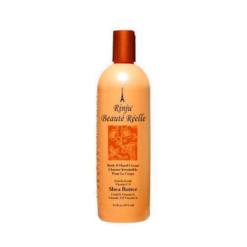 Rinju Beauté Réelle Body & Hand Cream - Non-Greasy Cream for Women & Men - 16 Oz Shea Butter Cream for Extremely Dry Skin - CoQ10, Vitamin E, A & K Moisturizer - Soothes, Caressed and Pampers Skin