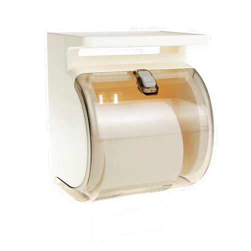 TIAN CHEN Toilet Paper Holder Wall Mount, Waterproof Cat Proof Full Covered Plastic Toilet Paper Dispenser with Shelf, Self Adhesive or Drilled Use (6.3in, Light Brown)