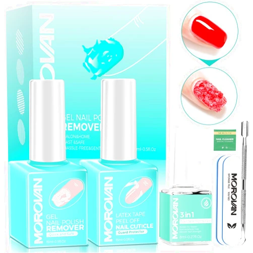 Morovan Gel Nail Polish Remover Kit: Gel Polish Remover for Nails with Liquid Latex Tape Peel off Nail Strengthener Cuticle Pusher Quick & Easy Gel Remover for Nails in 3-5 mins No Soaking Or Wrapping