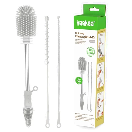 Haakaa Silicone Cleaning Brush Kit – Household Cleaning Brushes for Bottles and Crevices – Food-Grade Silicone: Dishwasher Safe (Kit-Grey)