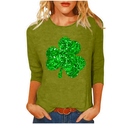 CLEKOY St Patricks Day Shirt Women Lucky Shamrock Print 3/4 Sleeve Tops Cotton Crewneck Pullover Blouse Funny Irish Tshirts