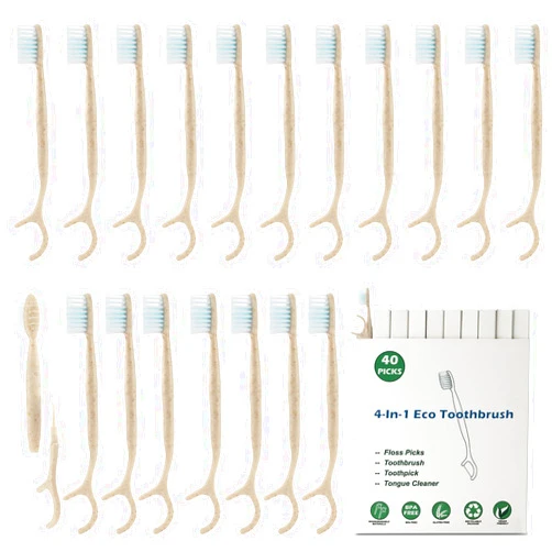 NUDUKO Travel Toothbrush Dental Floss Picks - 4 in 1 Biodegradable Disposable Toothbrushes with Tongue Scraper, Eco-Friendly Individually Wrapped Toothbrush for Adult Kids Travel Oral Care, 40 Pack