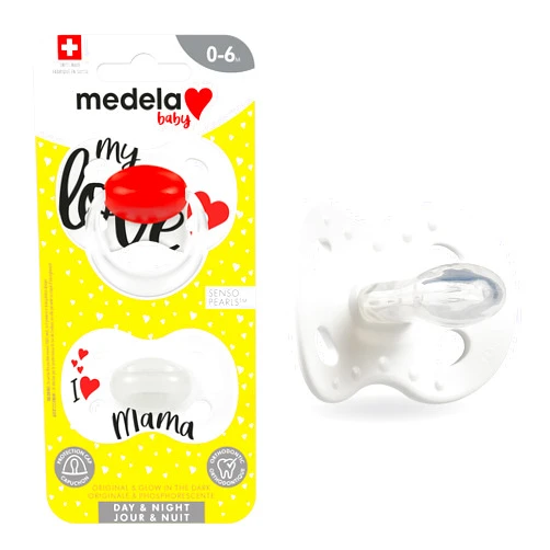 Medela Baby Pacifier | Day and Night Glow in The Dark | 0-6 Months | 2-Pack, Lightweight | BPA-Free | Supports Natural Suckling | My Love and I Love Mama