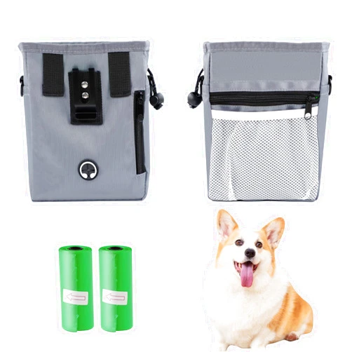 KUAOOAUK Dog Treat Pouch, Treat Pouches for Pet Training, Built-in Poop Bag Dispenser, Dog Training Clicker with 2 PCS Poop Bags, Pet Walking Storage for Kibbles Food Toy, 3 Ways to Wear (Grey)