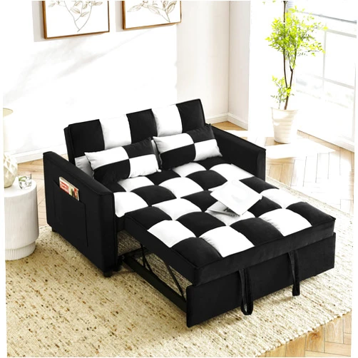 FREESNOOZE Modern Loveseat Sleeper Sofa Bed Pull Out Couch, Adjustable Backrest, Velvet 3-in-1 Convertible for Living Room Sofa with Storage Pocket, Throw Pillow(Black White)