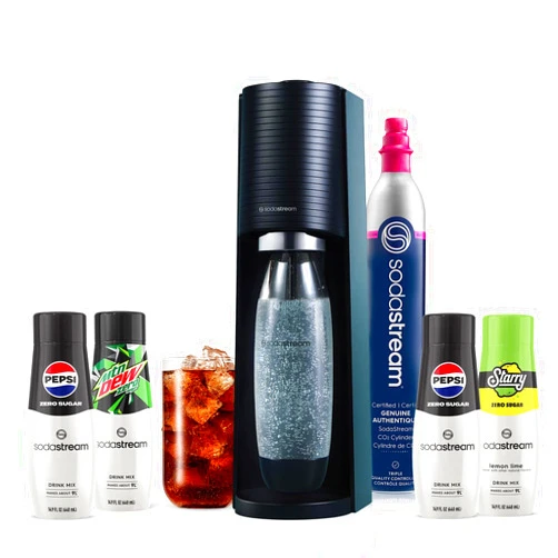 SodaStream Terra Sparkling Water Maker Bundle in Black - includes CO2, Carbonating Bottle, and Pepsi® Zero Sugar, Starry® Zero Sugar and MTN Dew® Zero Sugar 4-Flavor Variety Pack