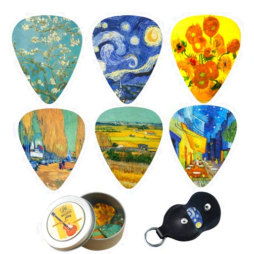Cheliz Guitar Picks - Cheliz 12 Medium Gauge Celluloid Guitar Picks In a Box W/Picks Holder. Unique Guitar Gift For Bass, Electric & Acoustic Guitars (Van Gogh)