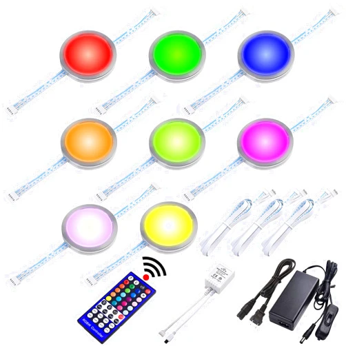 Lvyinyin RGBWW Curio Cabinet Display Light Kit, Under above LED Pucks, Red Green Blue & True Warm White Color Changing, Remote Dimmer, Daisy Chain Linkable, 120V Hardwired & Plug-in, 8 Lights