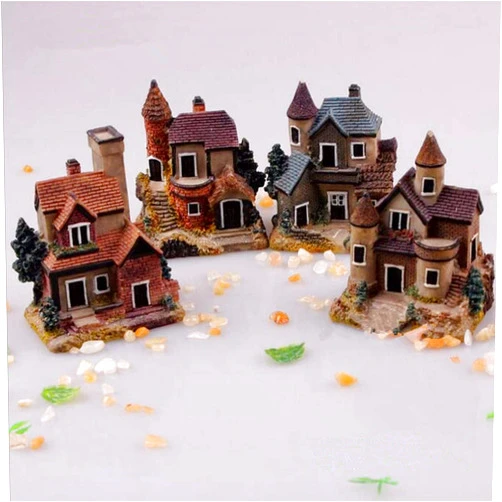 HAPYLY 4PCS Miniature House Fairy Gardening Micro Landscape Village Stone House Bonsai Terrarium Crafts Ornaments Accessories Home Decoration Resin