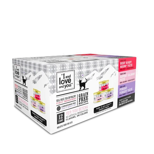 I AND LOVE AND YOU Naked Essentials Canned Wet Cat Food - Variety Pack: Beef Recipe, Salmon+Chicken Recipe, Turkey Recipe, 3-Ounce, Pack of 12 Cans, variety pack pate; beef, salmon, turkey