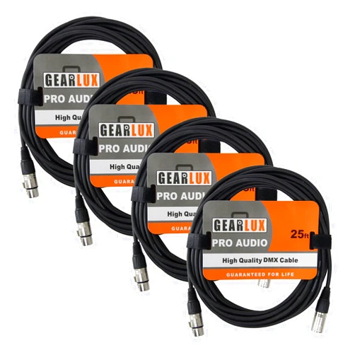 Gearlux DMX Cable, 3 Pin, Male to Female, 25 Feet - 4 Pack