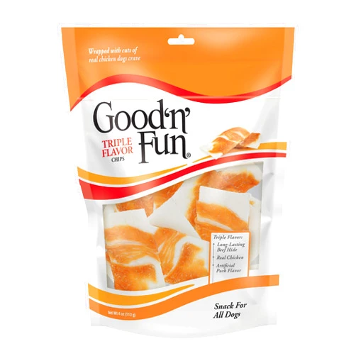 Good 'n' Fun Good'n'Fun Triple Flavor Chips, Dog Chew Treats, Premium Chicken and Beef Hide Treats for Dogs, 4 oz