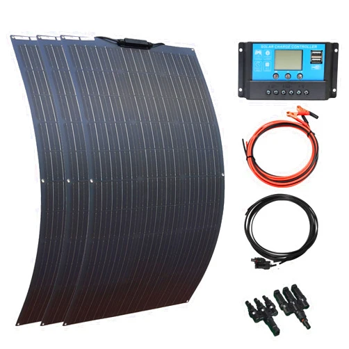 XINPUGUANG Flexible Solar Panel 100W,300W 12V Solar Panel Kit Monocrystalline cell,30A charge controller, extension cable，Alligator clip cable for off grid boat rv trailer (300W)