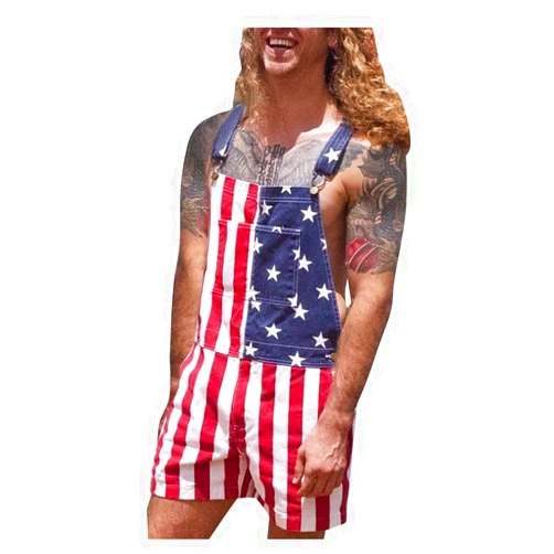 BETORY Men's Patriotic American Flag Print Denim Bib Shorts Jumpsuits with Adjustable Strap Fashion Novelty Coveralls