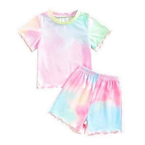 Baorji Toddler Baby Girl Summer Clothes Tie Dye Ruffle Short Sleeve T-Shirt Top Shorts Set 2Pcs Summer Outfits