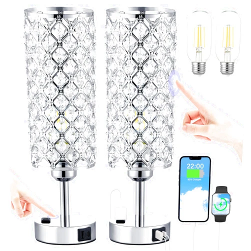 Hong-in Crystal Lamp Touch Control Set of 2, Sliver Crystal Table Lamps with USB C+A Ports & AC Outlet, 3-Way Dimmable Nightstand Touch Lamp, Modern Bedside Table Lamp for Bedroom(Bulbs Included)