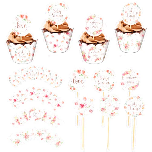 Henoyso 72 Pcs Baby Shower Cupcake Decoration Set Include Cupcake Wrappers and Cupcake Wrapper Toppers Cake Topper for Baby Shower Birthday Party Wedding Decor (Floral)