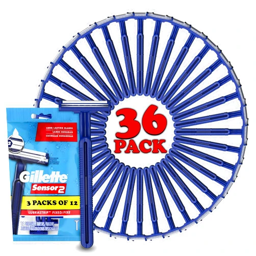 Gillette Sensor2 Men's Disposable Razors, Blue, 36-Count Disposable Razor with Fixed, Non-Pivoting Razor Head, Twin Gillette Comfort Blades, Water Activated Lubrastrip