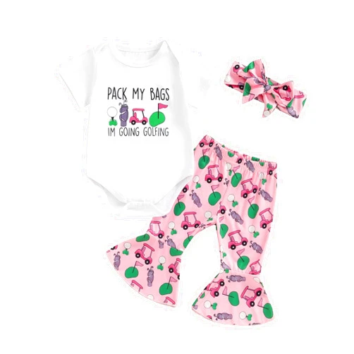 Bonangber Newborn Baby Girl Golf Outfit Letters Short Sleeve Romper Golf Cart Bell Bottoms 3Pcs Set Infant Summer Clothes
