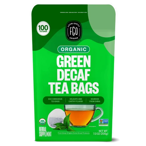 FGO Organic Green Tea (Decaf). Eco-Conscious Tea Bags, 100 Count, Packaging May Vary (Pack of 1)