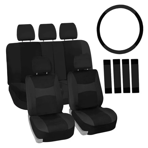FH Group Full Set Cloth Car Seat Covers, Universal Fit Front and Split Bench Rear, Airbag Compatible, Washable for SUV, Sedan, Van - Black