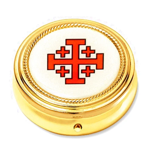 Autom Red Epoxy with Gold Tone Finish Jerusalem Cross PYX for Communion Hosts, 2 1/4 Inch