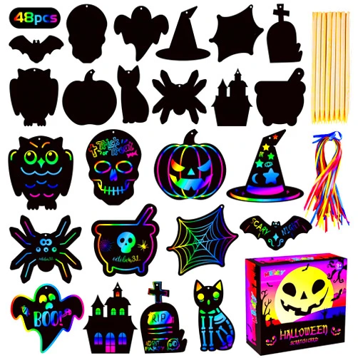 MGparty Scratch Paper Craft for Kids - 48 Pcs Halloween Magic Rainbow Scratch Paper Off Cards Set for Kids Crafts Arts Supplies Halloween Ornaments Party Games Halloween Birthday Gifts