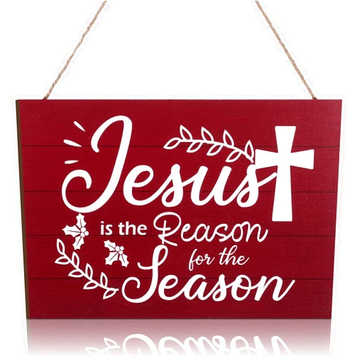 Blulu Christmas Jesus Wood Sign Jesus Is the Reason for the Season Hanging Sign Nativity Cross Scene Wall Decor Christmas Tree Ornaments for Holiday Door Wall Indoor Outdoor Decorations(Red)