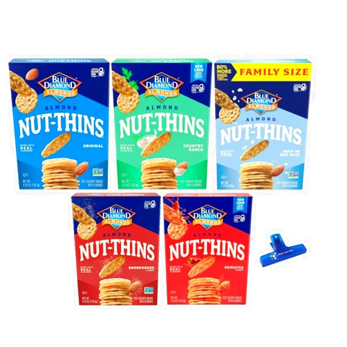Make Your Day Blue Diamond Almond Nut Thins, Original, Country Ranch, Sea Salt, Smokehouse, and Sriracha, 4.25 Ounce (Pack of 5) - Bundled with Make Your Day Bag Clip