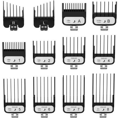 OVLUX WahI-Compatible Clipper Guards Set - 10 Metal Guides from 1/16” to 1”, Includes L & R Ear Tapers