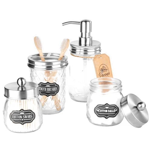 Pocono Homeware Co. Premium Mason Jar Bathroom Accessories Set, Mason Jar Soap Dispenser, 2 Apothecary Jars (Qtip Holder), Toothbrush Holder, Rustic Bathroom Accessories Farmhouse Decor Vanity Organizer, Brushed Nickel