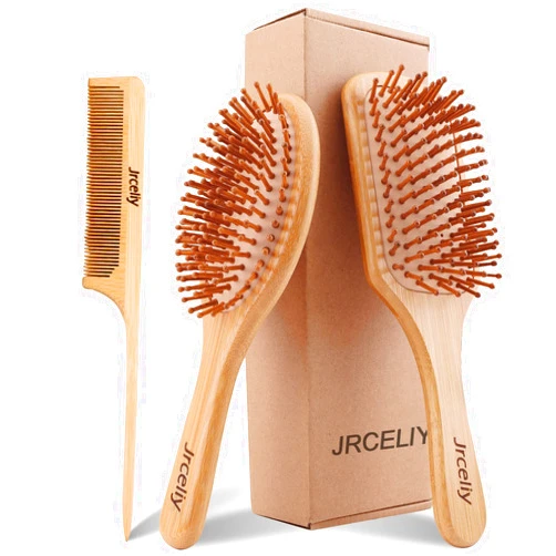 Jrceliy 3PCS Bamboo Hair Brush Set,Natural Wooden Brush for Women, madam, Paddle Detangling Brush for Dry/Curly/Thick/Thin/Straight Hair