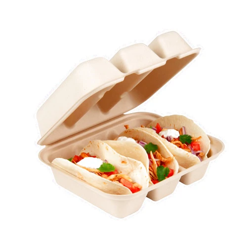 Restaurantware Pulp Safe 8 x 7.2 x 3.5 Inch Taco Clamshell Containers 100 No PFAS Added Taco Containers - Home Compostable 3-Compartment Kraft Bagasse Sugarcane Clamshell Containers Microwavable