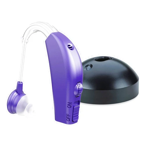MEDca Digital Hearing Aid Amplifier Set - Rechargeable Behind the Ear Personal Sound Amplification Device - for Adults and Seniors with All-Day Battery Life, (Single Unit, Purple)