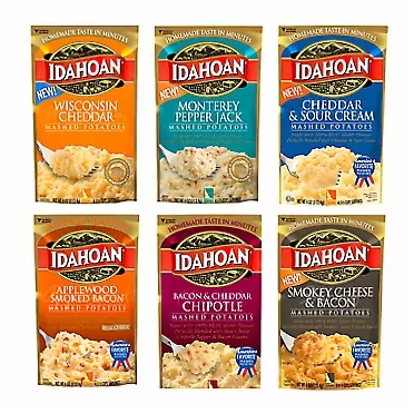 Idahoan Mashed Potatoes Variety Bundle of 6 4 oz. Wisconsin Cheddar, Monterey Pepper Jack, Applewood Smoked Bacon, Bacon and Cheddar Chipotle, Cheddar and Sour Cream, Smokey Cheese and Bacon