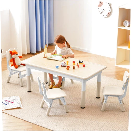GITAWUSA Kids Study Table and Chairs Set, Height Adjustable Toddler Table and Chair Set for Kids Ages 3-8, Graffiti Desktop (Burlywood - 2)