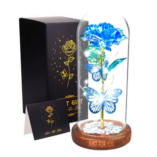 WOKEISE Light Up Rose Butterfly in Glass Dome, Birthday Gifts for Women, Anniversary Flower Lighted Roses Gifts for Wife,Mom,Grandma,Girlfriend,Girls,Sister,Christmas, Blue