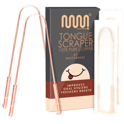 MasterMedi 100% Pure Copper Tongue Scraper with Travel Case - 2 Pack, All Natural Ayurvedic Tongue Cleaner, Banishes Bad Breath and Maintains Oral Hygiene, Great Grip with Non-Synthetic Handle