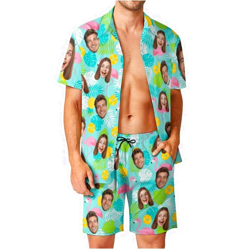 Artsadd Custom Face Men's Hawaiian Shirt and Short Set Personalized 2 Pieces Funny Vacation Outfits Sets with Face, Tropical Floral Printed Outfit Beach Casual Suits Quick Dry for Summer Party