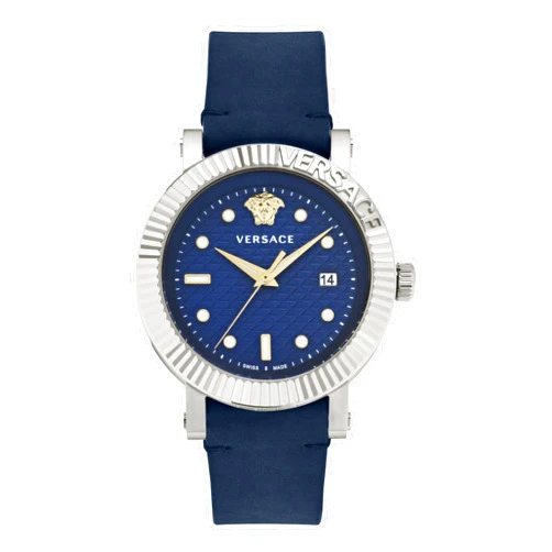 Versace V-Classic Collection Luxury Mens Watch Timepieces with a Blue Strap and Dial Featuring a Stainless Steel Case