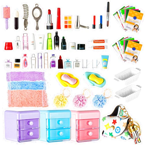 GALAOMA 72Pcs Dollhouse Mini Jewelry Storage Case Handbag Towel Cosmetic Set Bathroom Acessories Toothbrush Shampoo Perfume Hair Dryer Comb Purse Decor DIY Doll Backpack Girl Micro Scene
