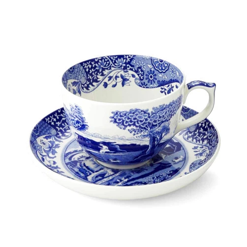 Portmeirion Spode Portmeirion Home and Gifts Blue Italian Teacup and Saucer, 20-ounce Capacity, Jumbo Tea Set, Coffee Mug, Cup for Tea, Lattes, Espressos, and Hot Beverages - Blue &White