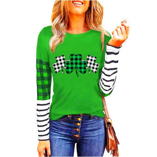 LYEIAO St. Patrick's Day Tshirt Women Lucky Clover Print Irish Shirt Splicing Long Sleeve Raglan Tees Baseball Tops