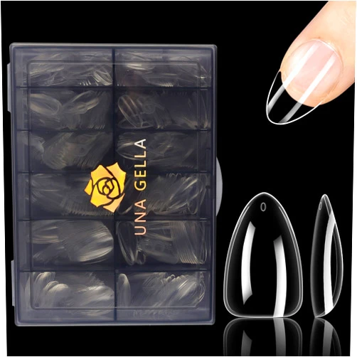 UNA GELLA Short Almond Nail Tips 504 pcs Long Lasting Short Almond Soft Gel Full Cover Nail Tips False Almond Nails Clear Acrylic Gelly Tips for Acrylic Nail/Dip/Poly Nail Extensions Press On Nails with Elegant Box 12 Sizes