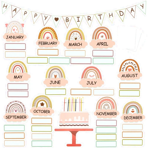 Gueevin 60 Pieces Boho Classroom Decor Birthday Bulletin Board Decorations Set Rainbow Bulletin Board Decor Classroom Chart Wall Decoration Cutouts for School Calendar Birthday Border (Brown Series)