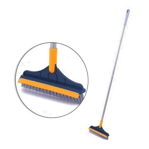 Dapuly Stiff Broom Mop, 2 in 1 Stainless Steel Long Handle Scrubber Floor Brush Rubber Squeegee Tile Joint Tote Corner Dusting Brush with 120 Degree Rotating V-Shaped Head
